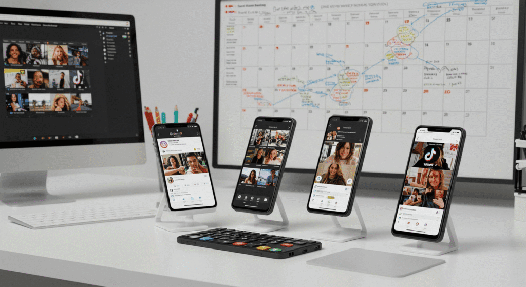 Setup de marketing digital com múltiplas redes sociais para promover ebooks