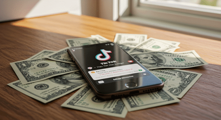 Celular exibindo notificação de ganhos em dólar com notas de dinheiro ao redor