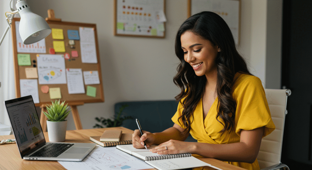 Empreendedora desenvolvendo estratégias de negócio em home office inspirador