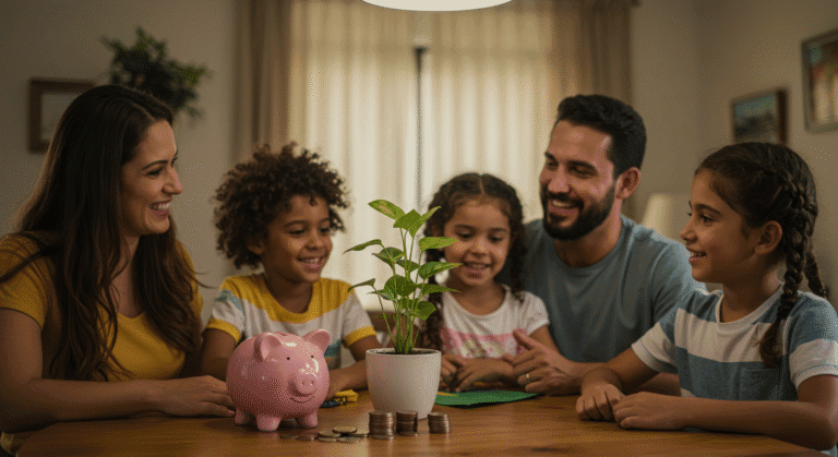 Família brasileira feliz celebrando em casa com cofre e planta crescendo simbolizando crescimento financeiro