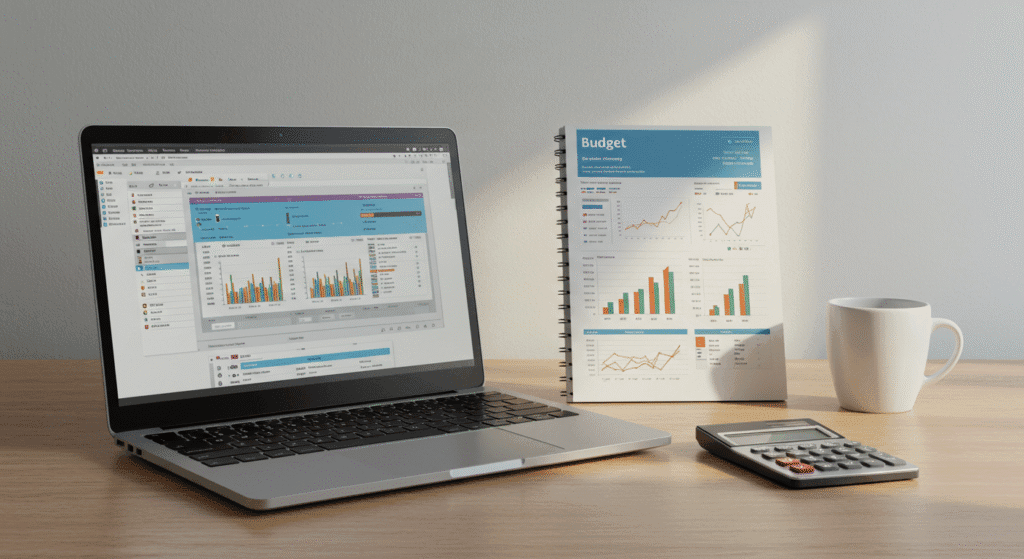 Mesa organizada com planejador de orçamento, calculadora e laptop para controle financeiro