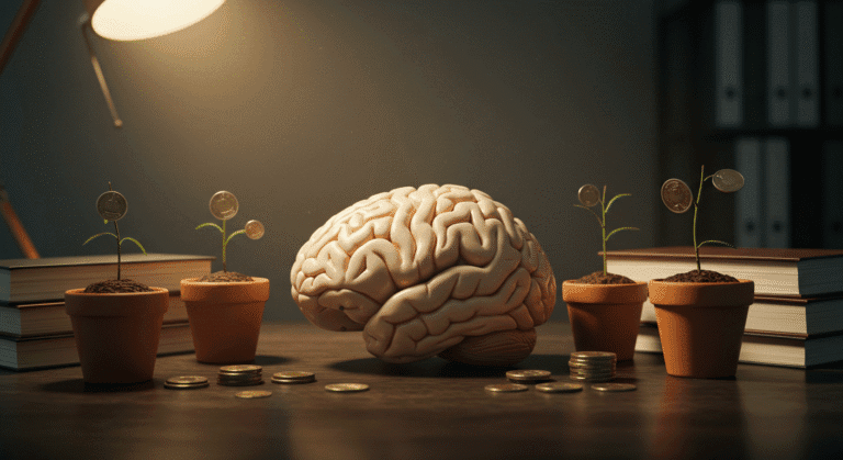 Modelo de cérebro com livros financeiros simbolizando neuroplasticidade e transformação mental