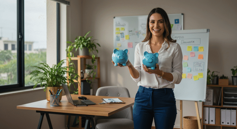 Mulher sorrindo com cofrinho representando sucesso em metas de economia
