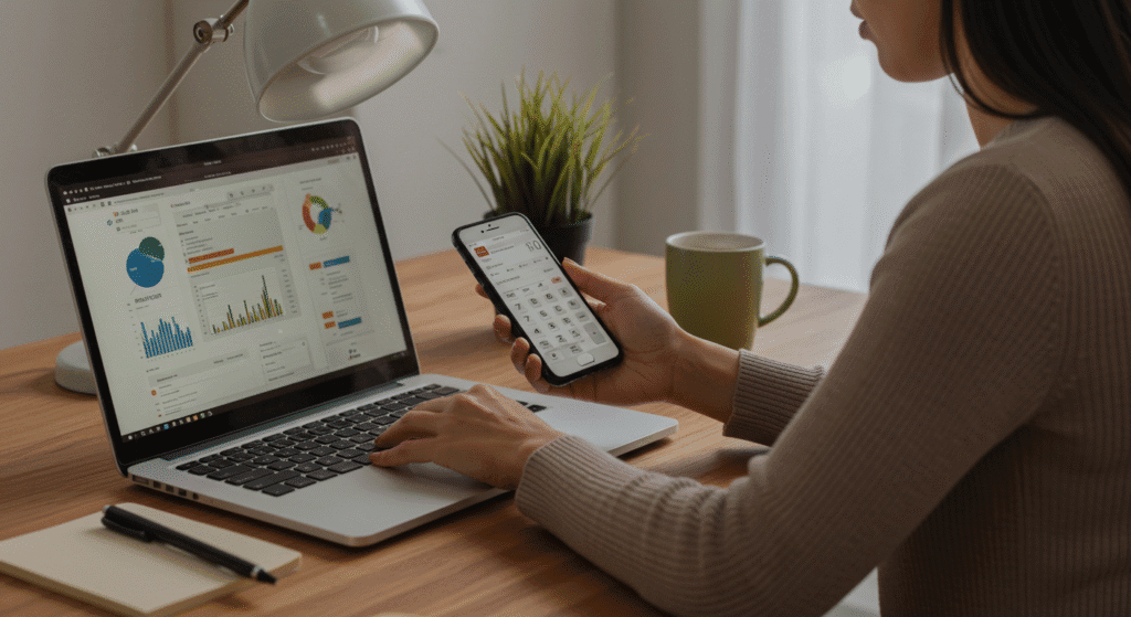Mulher usando calculadora online para simular quitação de empréstimo consignado