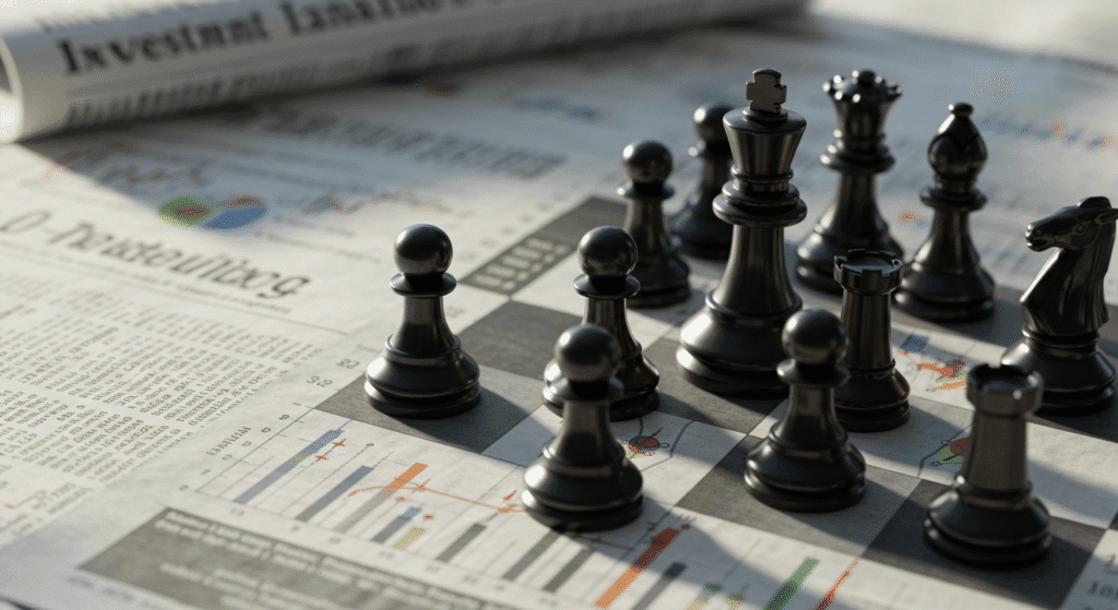 Peças de xadrez sobre jornal financeiro representando estratégias de investimento