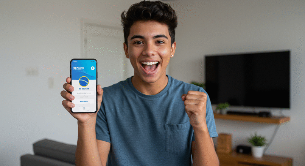 Jovem de 18 anos feliz segurando celular com app de investimentos após receber primeiro salário