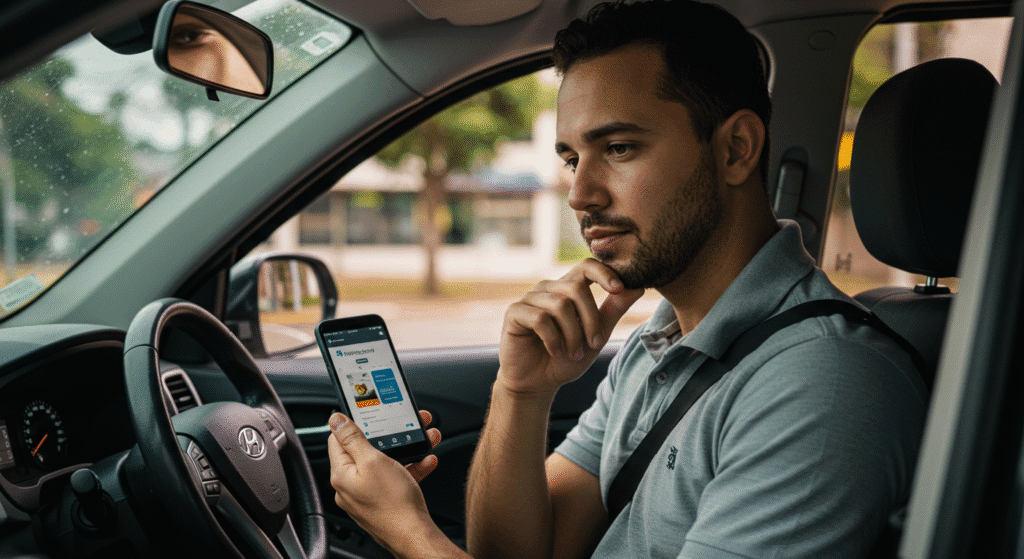 Motorista Uber verificando aplicativo de investimentos no celular dentro do carro