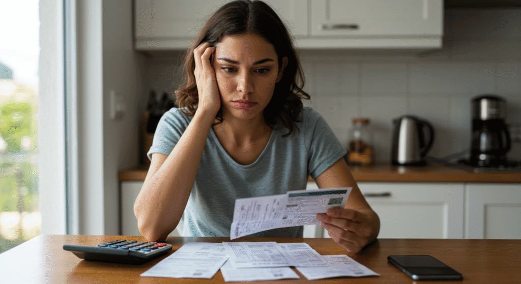 Mulher preocupada analisando faturas de cartão de crédito em sua mesa com calculadora