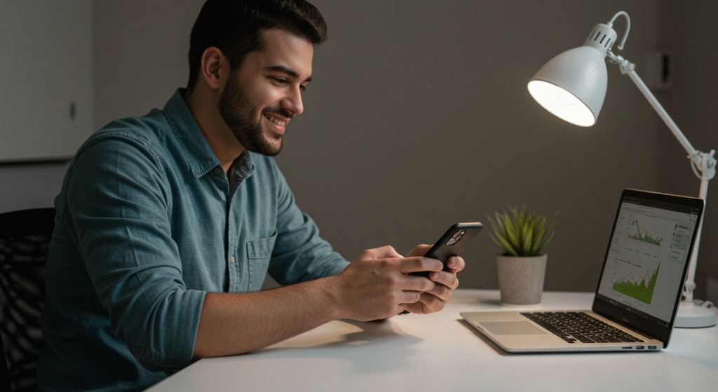 Trabalhador CLT brasileiro usando aplicativo de investimento no celular para investir 200 reais mensais