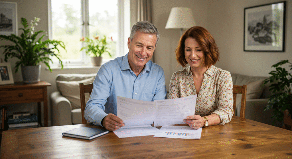 Casal de servidores públicos feliz planejando aposentadoria com investimentos seguros