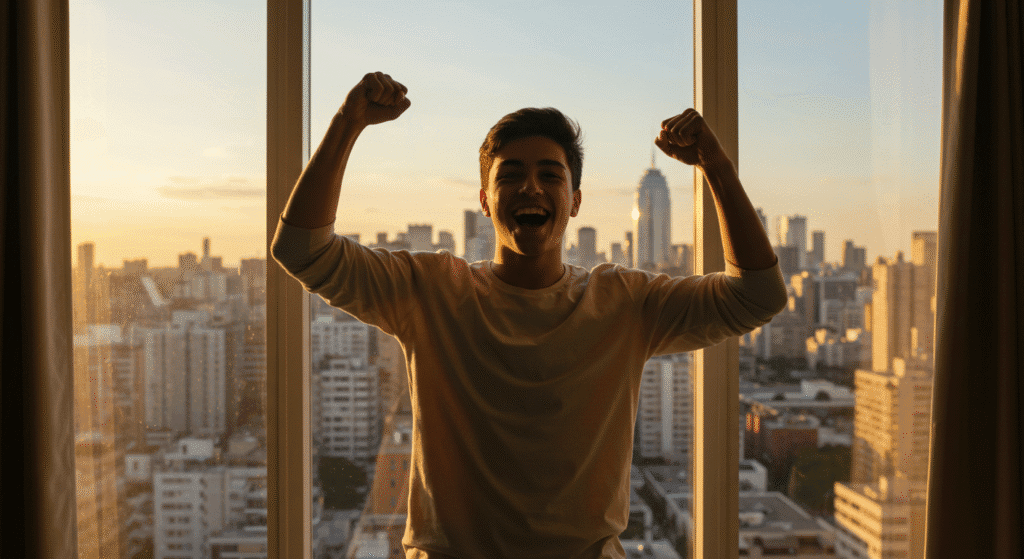 Jovem brasileiro comemorando sucesso financeiro após começar a investir aos 18 anos