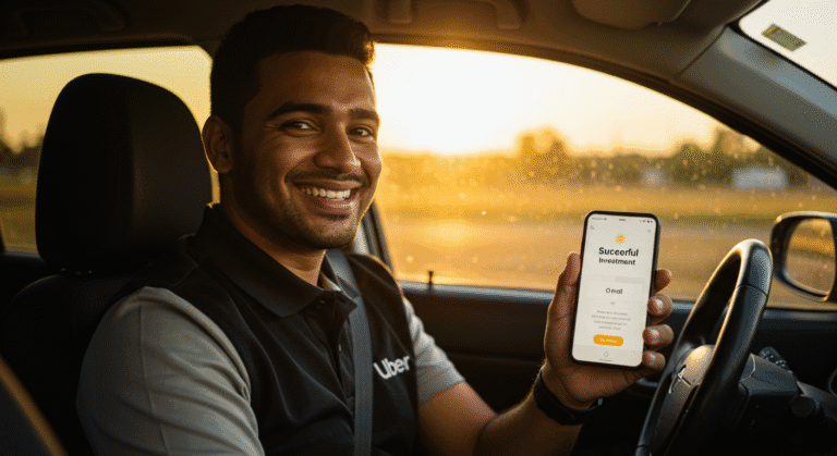 Motorista Uber sorrindo satisfeito ao verificar rendimento dos investimentos no celular