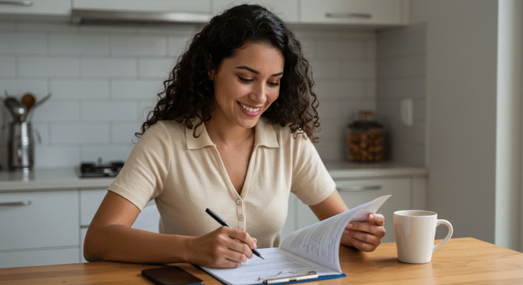 Mulher marcando checklist de ações para quitar dívida do cartão em 72 horas