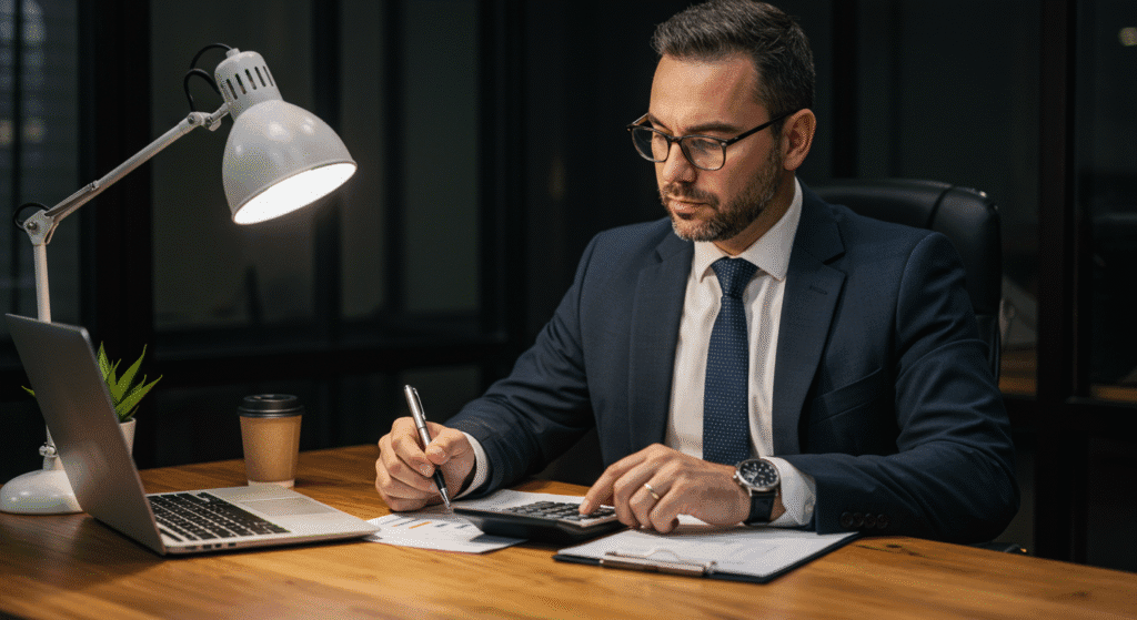 Servidor público brasileiro analisando investimentos do 13º salário em escritório moderno