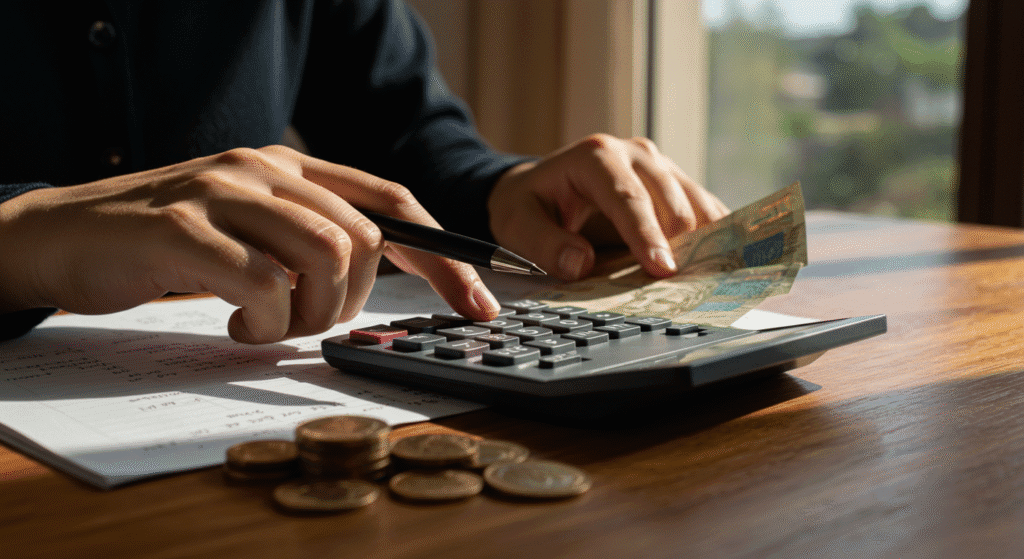 Calculadora com notas de real e planejamento financeiro para investir 100 reais por mês