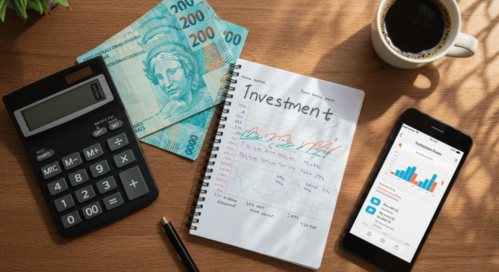 Calculadora e dinheiro brasileiro mostrando simulação de investimento de 200 reais mensais