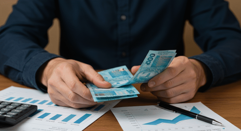 Dinheiro brasileiro e calculadora mostrando rendimento de investimentos em 10 anos