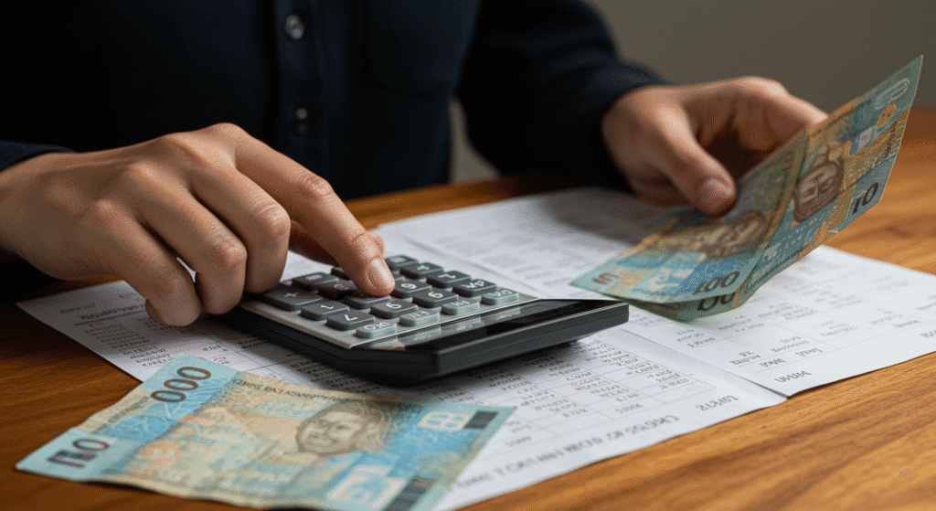 Pessoa calculando juros de dívida do cartão de crédito com calculadora e extratos bancários
