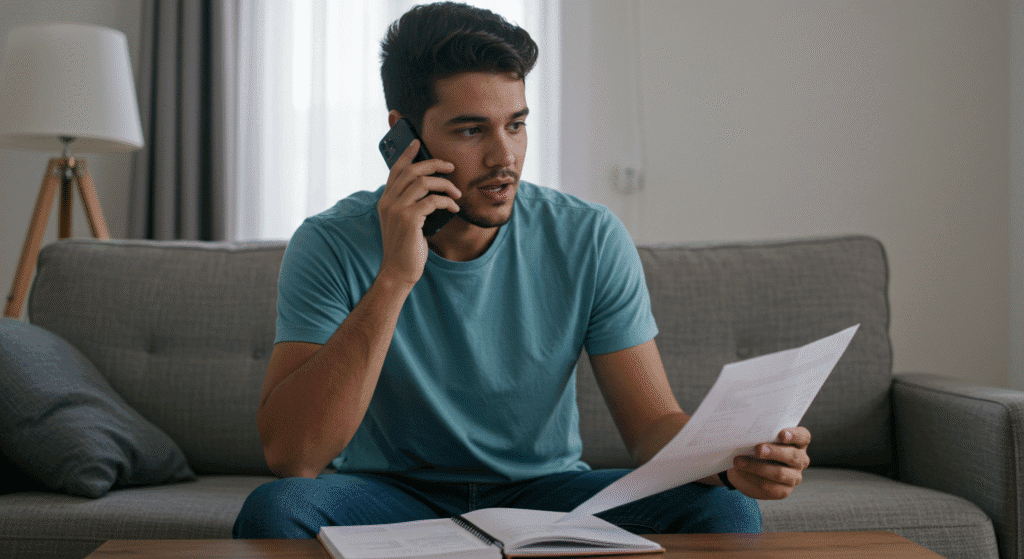 Homem negociando dívida do cartão por telefone com documentos financeiros organizados