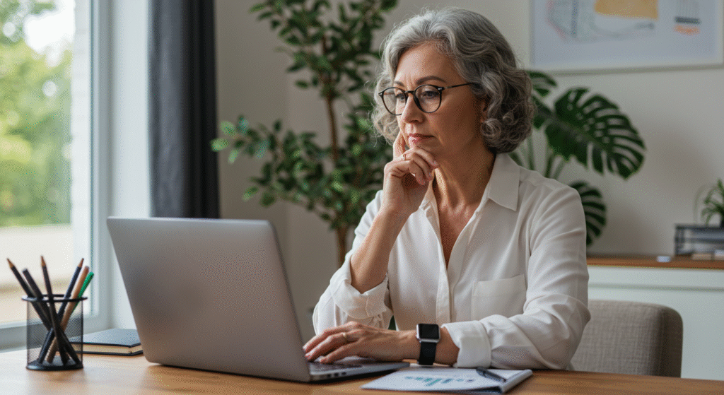 Investidora conservadora brasileira planejando investimentos seguros em home office