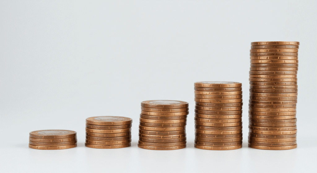 Moedas empilhadas em crescimento representando poder dos juros compostos em investimentos