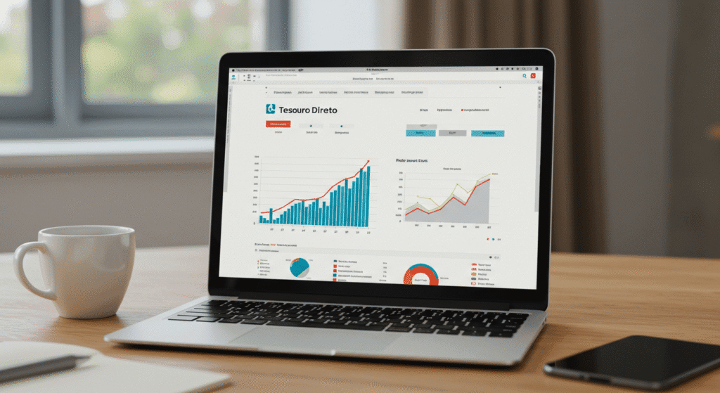 Tela de computador mostrando site do Tesouro Direto com gráficos de investimentos