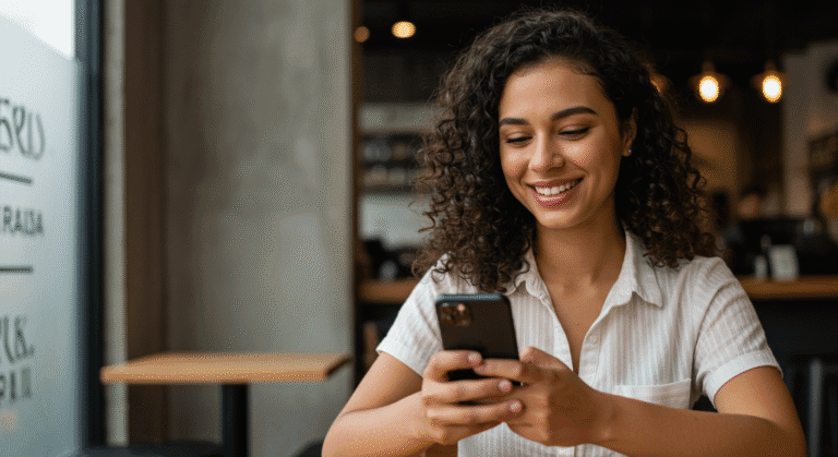 Jovem investidora brasileira usando app de investimentos no celular com segurança