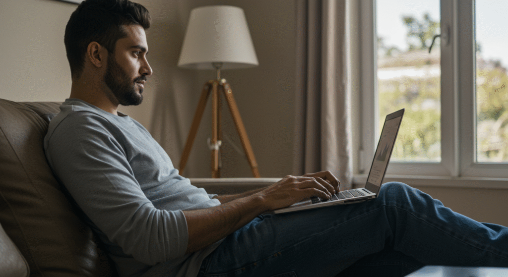 Pessoa investindo no Tesouro Direto pelo computador em casa de forma tranquila