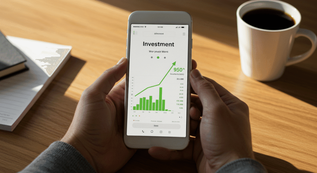 Tela de celular mostrando aplicativo de investimentos com gráfico de rendimento positivo