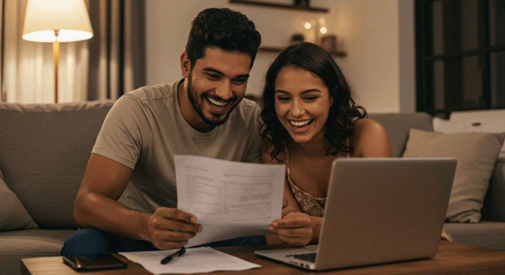 Casal analisando proposta de empréstimo pessoal para quitar dívida do cartão de crédito