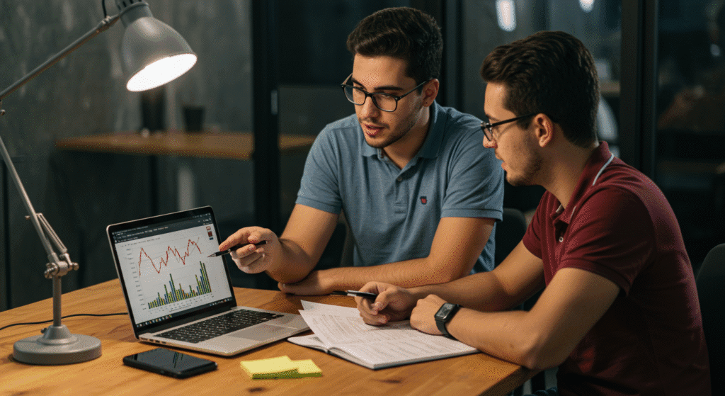Dois jovens brasileiros comparando investimentos em Tesouro Direto e CDB no computador
