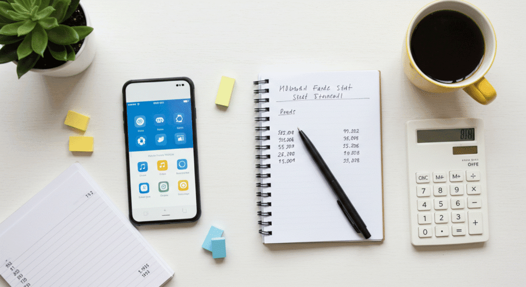 Mesa organizada com celular, caderno e calculadora para controle financeiro pessoal