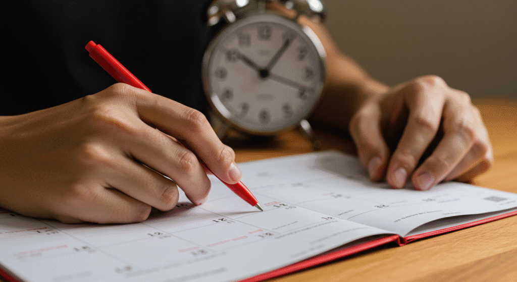 Pessoa marcando prazos importantes em calendário para regularizar CADIN