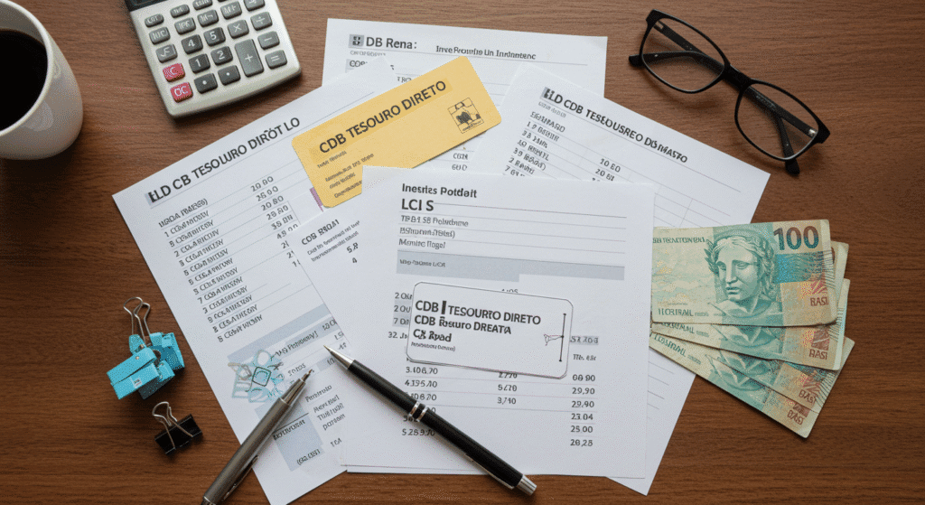 Diferentes tipos de investimentos de renda fixa organizados para trabalhador CLT iniciante