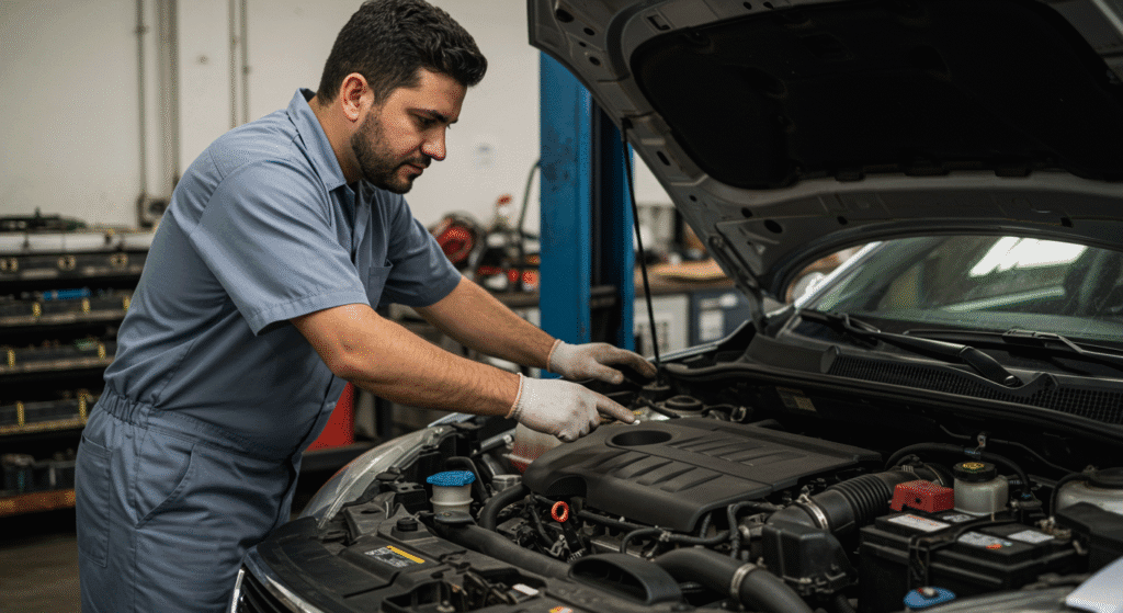 Mecânico fazendo manutenção em motor de carro representando custos emergenciais do motorista