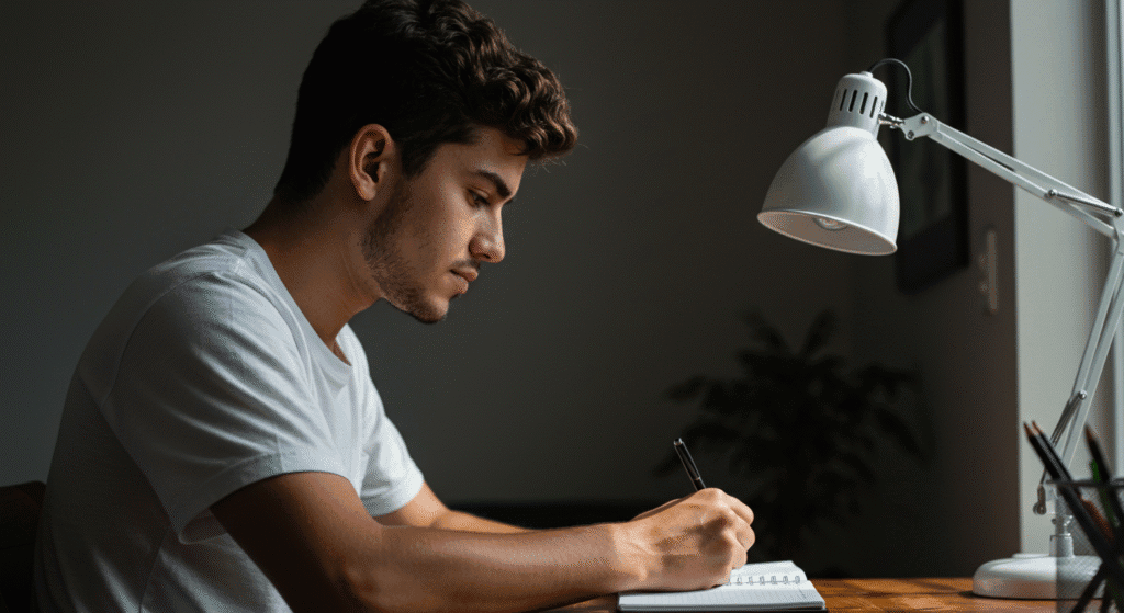 Homem concentrado escrevendo metas financeiras em caderno com expressão determinada