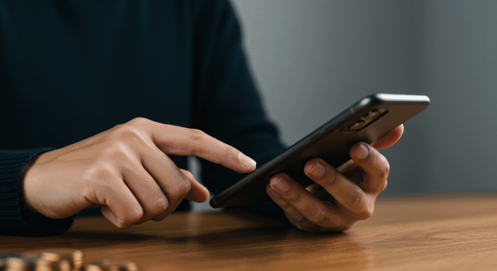 Jovem investidor confirmando primeira aplicação de 100 reais no celular