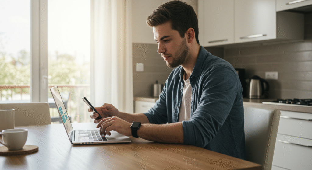 Pessoa abrindo conta em corretora de investimentos online pelo computador e celular