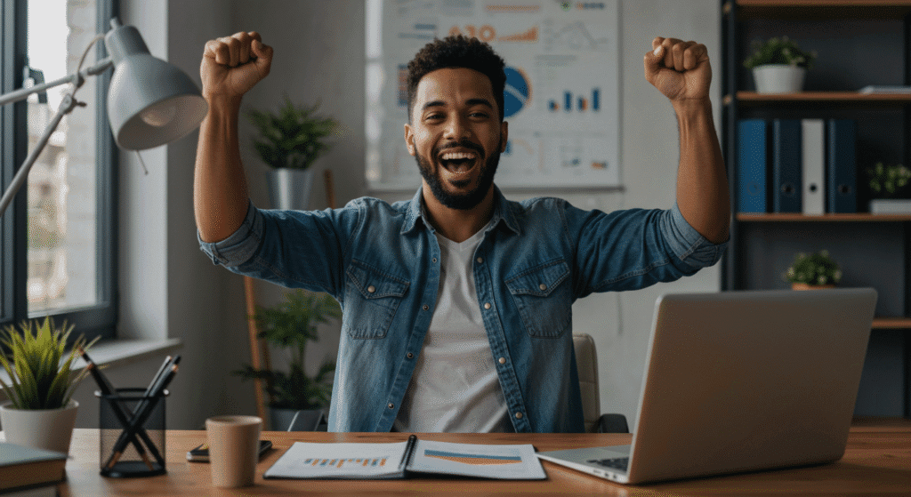 Trabalhador CLT comemorando sucesso ao investir 200 reais mensais e ver resultados positivos